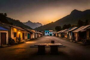 un pueblo a puesta de sol con un mesa y bancos generado por ai foto