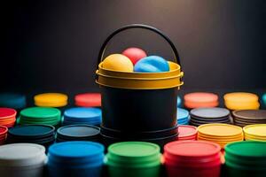 a bucket filled with colored plastic eggs. AI-Generated photo