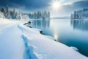 a snowy lake surrounded by trees and snow. AI-Generated photo