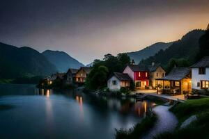 photo wallpaper the sky, mountains, lake, houses, the village, the lake, the village. AI-Generated