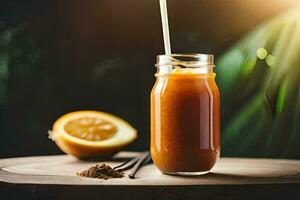 un vaso de naranja jugo con un Paja en un de madera mesa. generado por ai foto