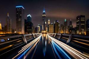 un largo exposición foto de el ciudad horizonte a noche. generado por ai