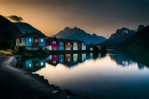 vistoso casas en el apuntalar de un lago a puesta de sol. generado por ai foto