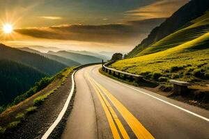 a road in the mountains with the sun setting behind it. AI-Generated photo