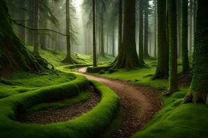 a path through a green forest with mossy trees. AI-Generated photo