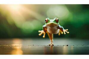 a frog is standing on its hind legs. AI-Generated photo