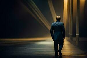 a man in a suit walks down a dark street. AI-Generated photo