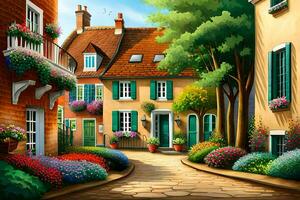 a painting of a street with flowers and houses. AI-Generated photo