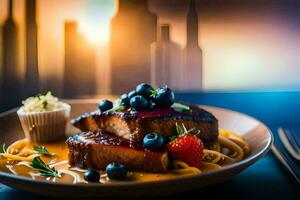 a plate of food with pasta and berries on a table. AI-Generated photo