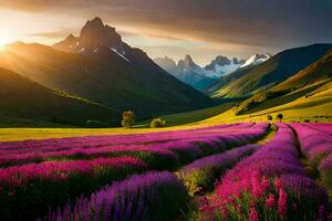 the lavender field in the mountains. AI-Generated photo