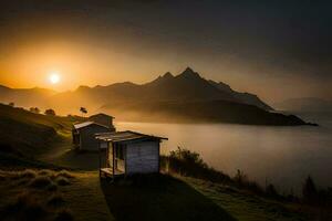 un cabina en el borde de un lago a puesta de sol. generado por ai foto