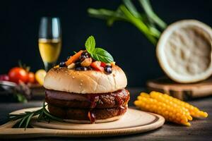 a hamburger with vegetables and corn on a wooden board. AI-Generated photo