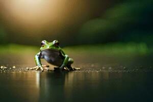 a frog sitting on the ground in front of a green background. AI-Generated photo