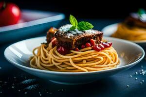 spaghetti with meat and pomegranate on a plate. AI-Generated photo