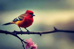 a red bird sits on a branch with pink flowers. AI-Generated photo
