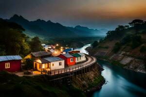 un río y casas en el montañas a oscuridad. generado por ai foto