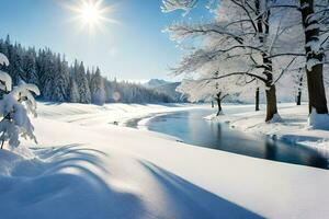 un río en el nieve. generado por ai foto