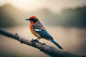 a colorful bird sits on a branch in front of a lake. AI-Generated photo