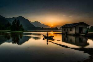 un hombre es pescar en el agua a puesta de sol. generado por ai foto