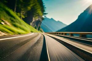 a blurry image of a train speeding down a mountain road. AI-Generated photo