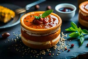 a dessert with a tomato sauce and cheese. AI-Generated photo