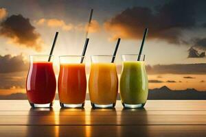 five glasses of juice on a table with a sunset in the background. AI-Generated photo