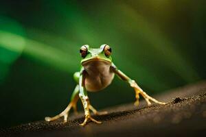 a frog is standing on the ground with its legs spread. AI-Generated photo