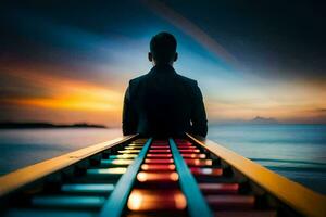 a man sitting on a train track with colorful lights. AI-Generated photo