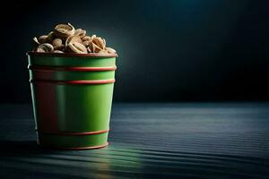 a green bucket filled with nuts on a dark table. AI-Generated photo