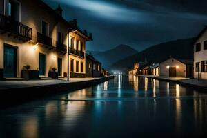 a canal in the middle of a town at night. AI-Generated photo