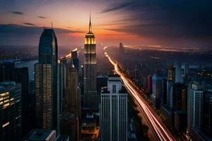 the empire state building is seen at sunset. AI-Generated photo