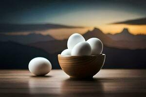 eggs in a bowl on a table with mountains in the background. AI-Generated photo