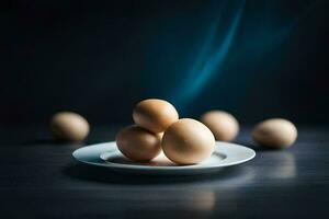 un plato con cuatro huevos en él. generado por ai foto