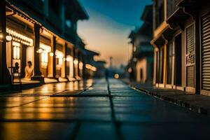 un calle a oscuridad con luces en el edificios generado por ai foto