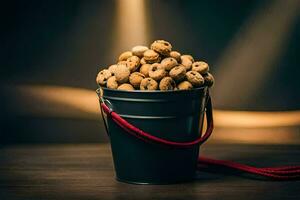 a bucket filled with nuts on a wooden table. AI-Generated photo