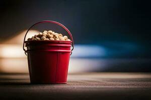 a red bucket filled with peanuts sitting on a table. AI-Generated photo