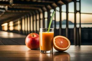 an orange juice and an apple sit on a table. AI-Generated photo