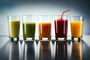 a row of different colored juices in glasses. AI-Generated photo