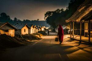 a woman walks down a road in a village at night. AI-Generated photo
