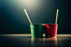 two red and green cups with straws on a dark table. AI-Generated photo