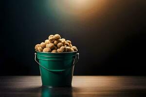 a bucket filled with peanuts on a table. AI-Generated photo