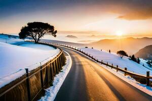 a road in the snow with the sun setting behind it. AI-Generated photo