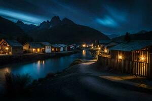 photo wallpaper the sky, mountains, night, the river, the village, the mountains, the. AI-Generated