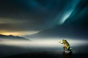 un rana en pie en un rock con un ligero en el cielo. generado por ai foto