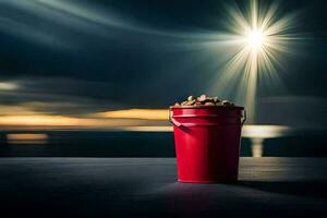 a red bucket with peanuts on the table in front of the ocean. AI-Generated photo