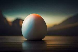 an egg sitting on a table with a sunset in the background. AI-Generated photo