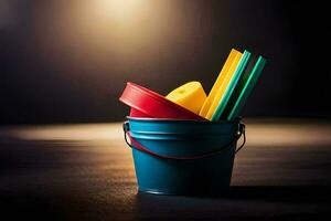 a bucket filled with colorful plastic toys. AI-Generated photo