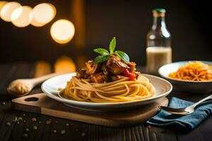 spaghetti with meat and vegetables on a wooden table. AI-Generated photo