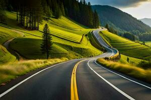 a road in the mountains with a green grassy field. AI-Generated photo