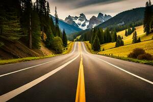 a road in the mountains with trees and mountains in the background. AI-Generated photo